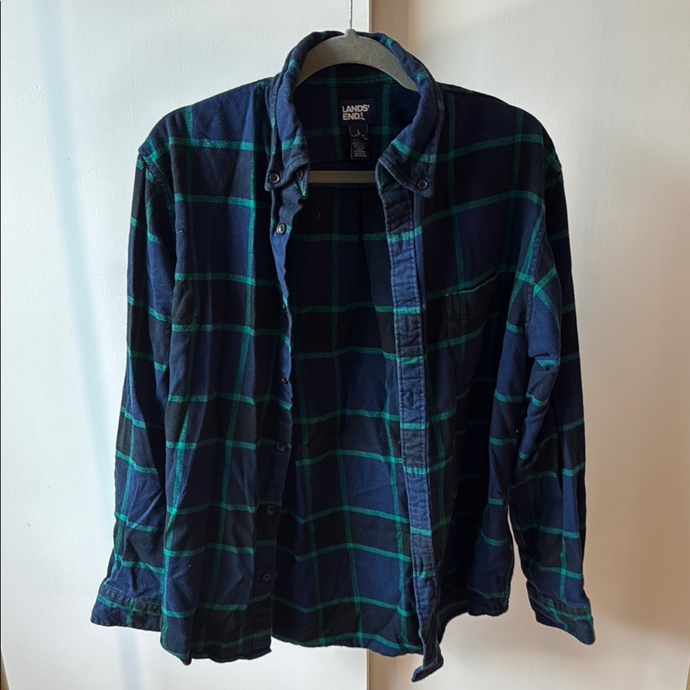 Lands' End Blue and Green Casual Button Down Shirt